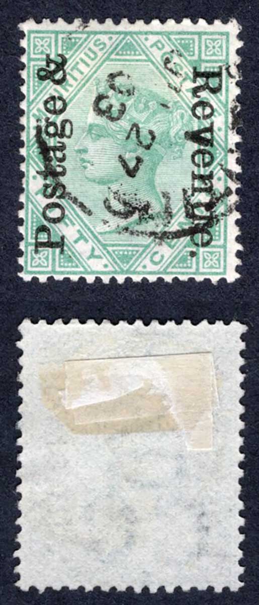 Mauritius SG161 50c Green opt Postage and Revenue used Cat 8 pounds
