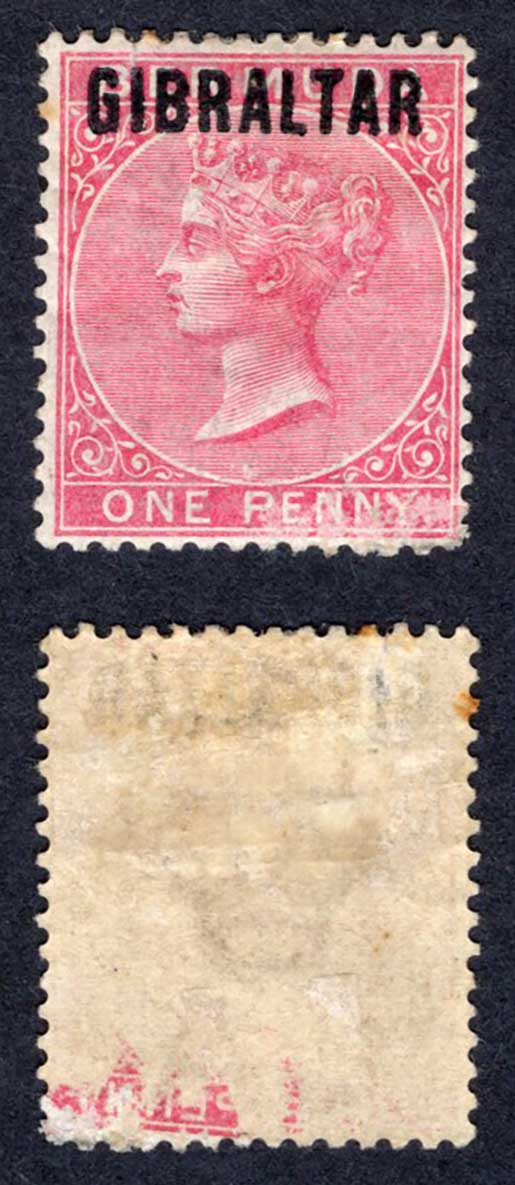 Gibraltar SG2 1d Rose-red Mint (grubby on reverse) Cat 85 pounds