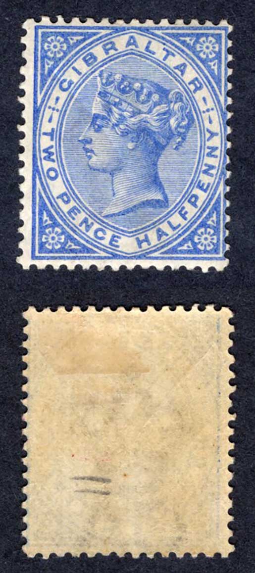 Gibraltar SG11 2 1/2d Blue Wmk CA M/M (toned) Cat 90 pounds