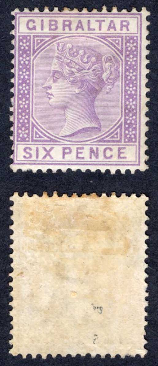 Gibraltar SG13 6d Lilac Mint (grubby on reverse) Cat 140 pounds