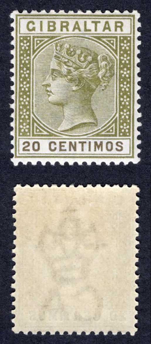 Gibraltar SG24 20c Olive-green and Brown M/M Cat 28 pounds
