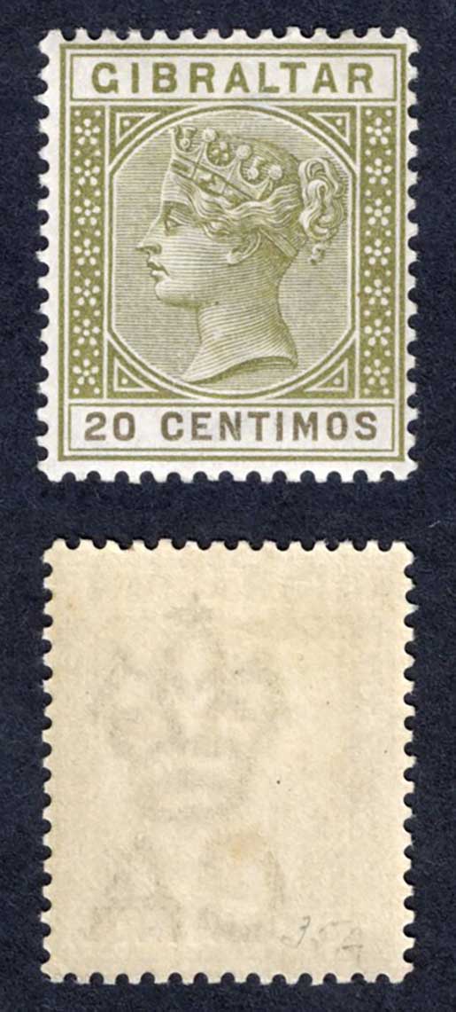 Gibraltar SG24 20c Olive-green and Brown M/M Cat 28 pounds