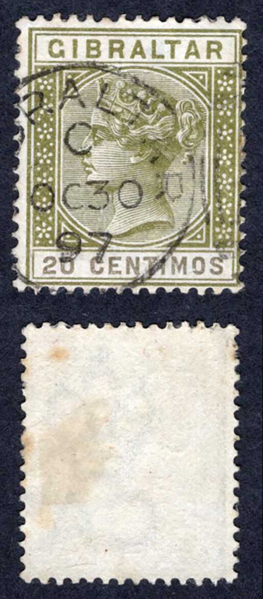 Gibraltar SG24 20c Olive-green and Brown used (tone spot) Cat 25 pounds
