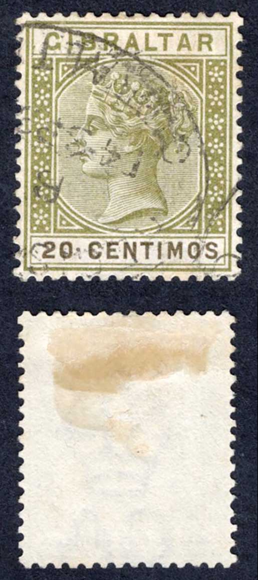 Gibraltar SG24 20c Olive-green and Brown used Cat 25 pounds
