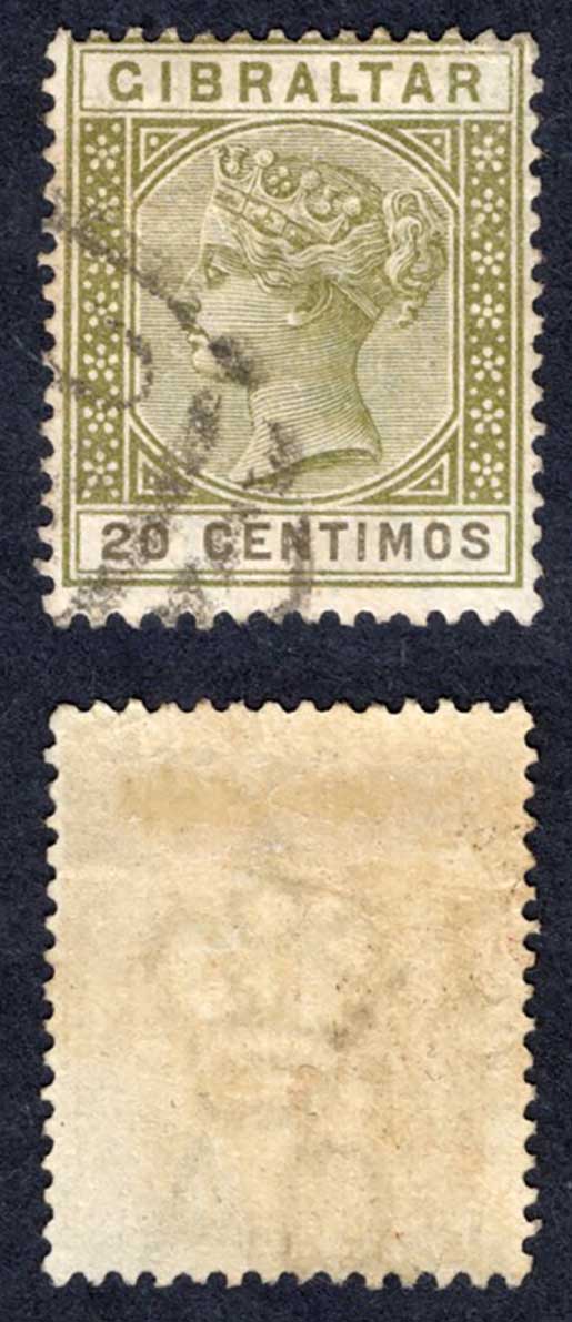 Gibraltar SG24 20c Olive-green and Brown used Cat 25 pounds