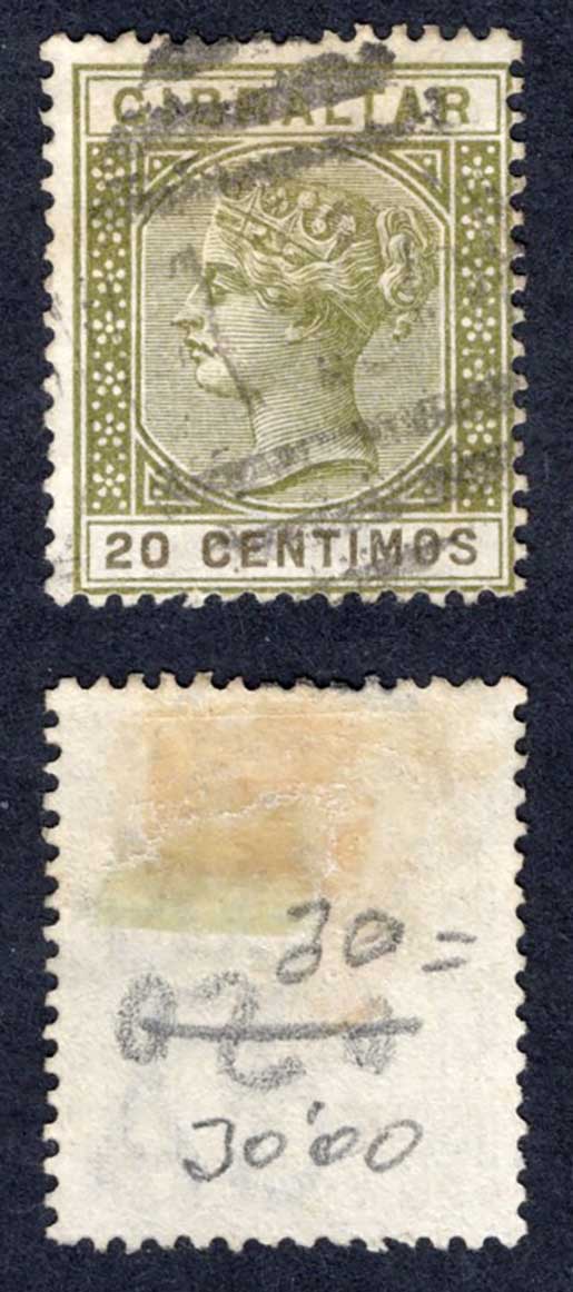 Gibraltar SG24 20c Olive-green and Brown used Cat 25 pounds