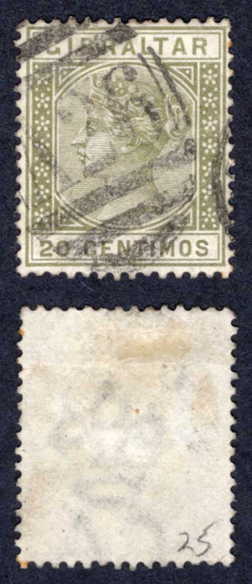 Gibraltar SG25 20c Olive-green used Cat 100 pounds