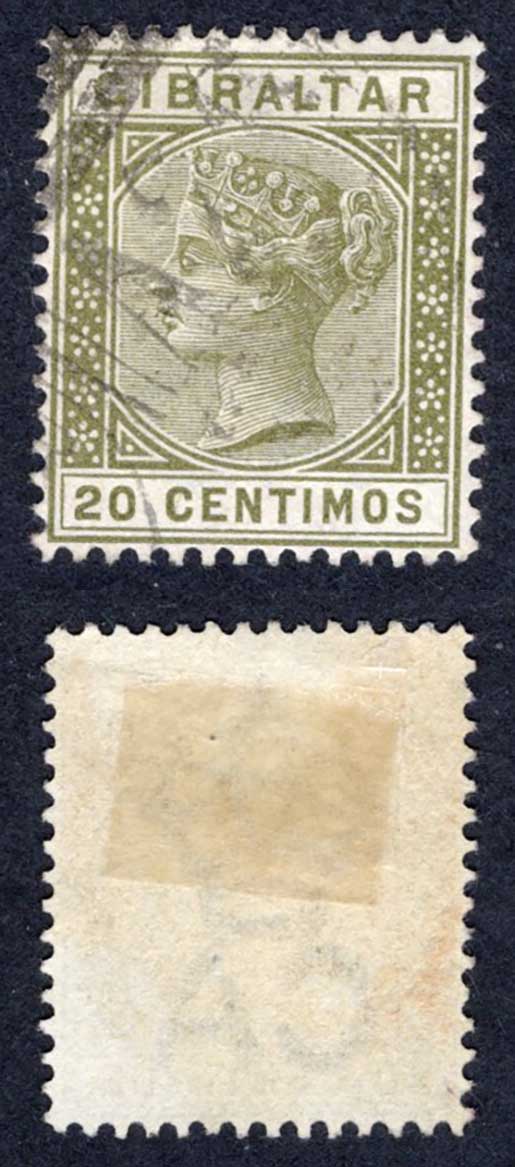 Gibraltar SG25 20c Olive-green used Cat 100 pounds