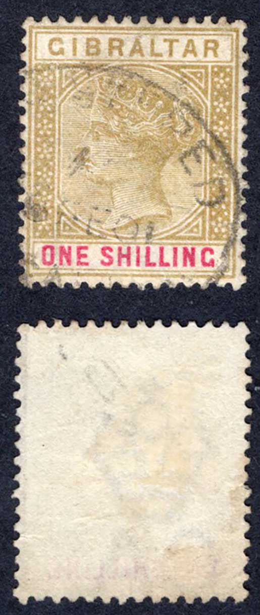Gibraltar SG45 1/- Bistre and Carmine used Cat 20 pounds