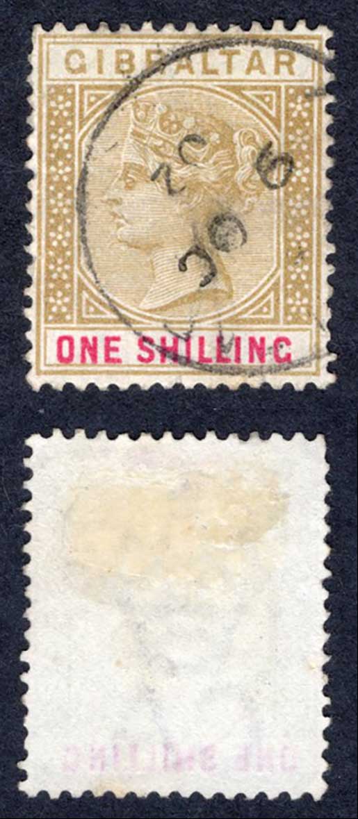Gibraltar SG45 1/- Bistre and Carmine used Cat 20 pounds