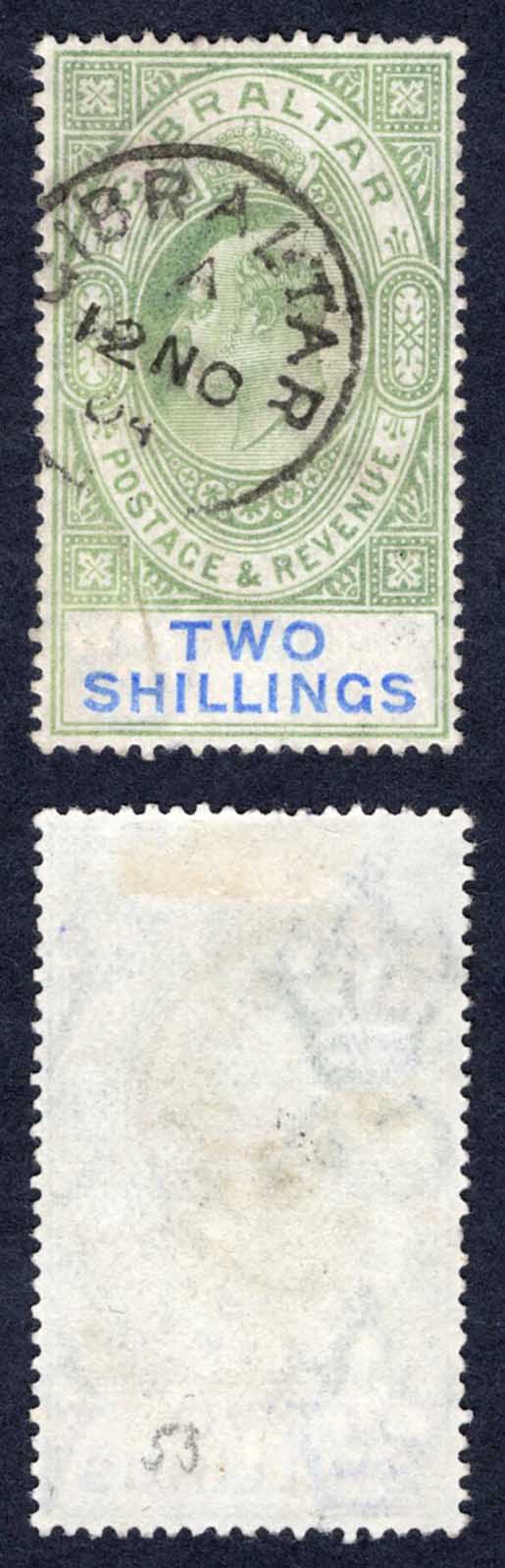 Gibraltar SG52 2/- Wmk CA Vertical crease CDS Cat 275 pounds