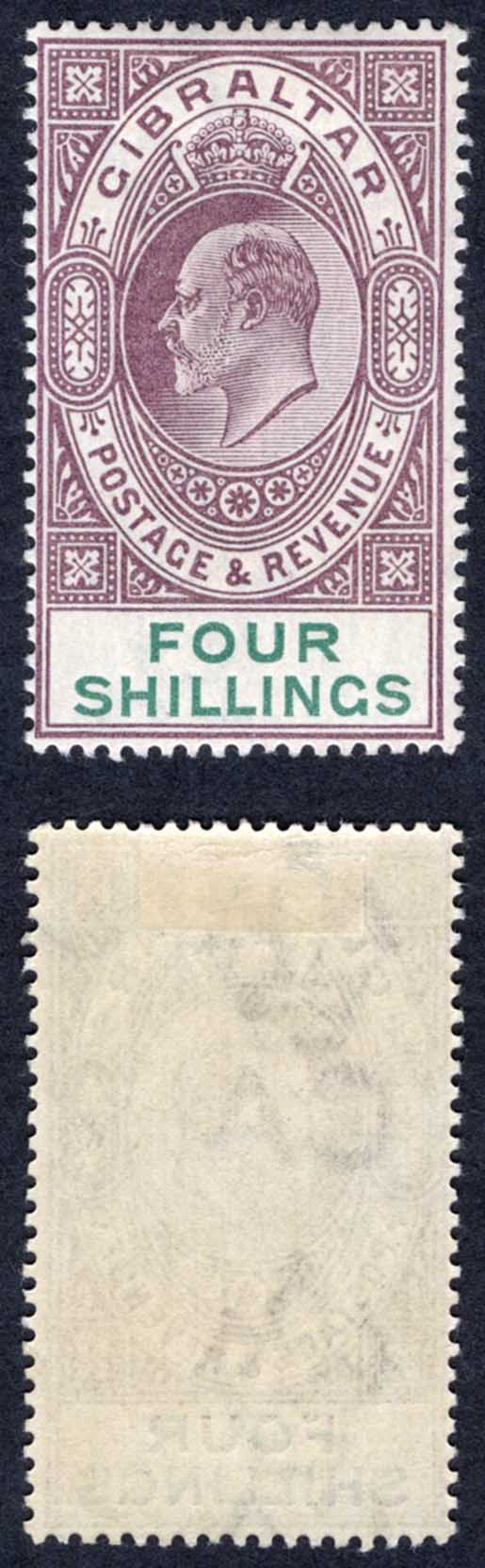 Gibraltar SG53 KEVII 4/- Wmk CA M/M Cat 160 pounds