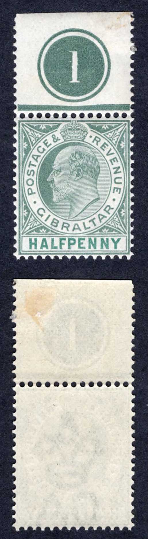 Gibraltar SG46 1/2d Wmk CA PLATE Example (mounted only in the margin)