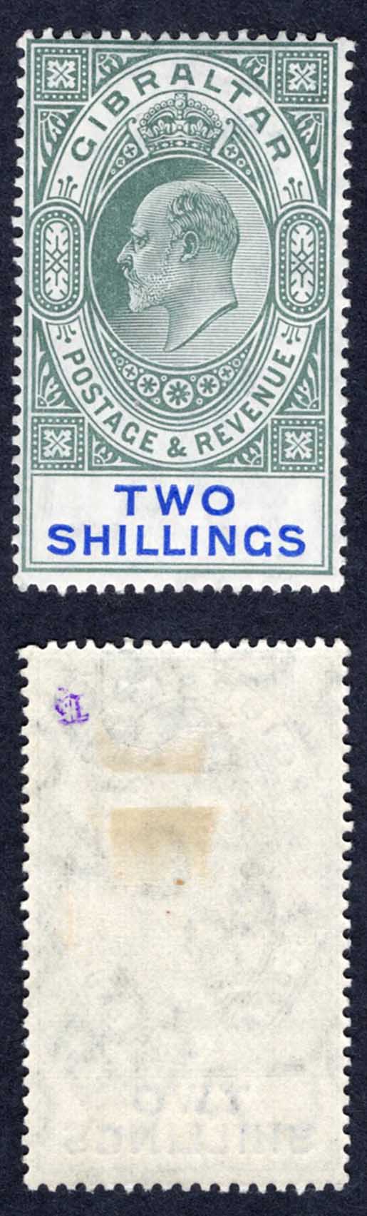 Gibraltar SG62 2/- Green and Blue (Chalky) Wmk Mult CA M/M Cat 140 pounds