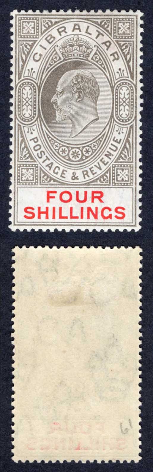 Gibraltar SG73x 4/- Black and Carmine Wmk Mult CA REVERSED M/M Cat 1800 pounds