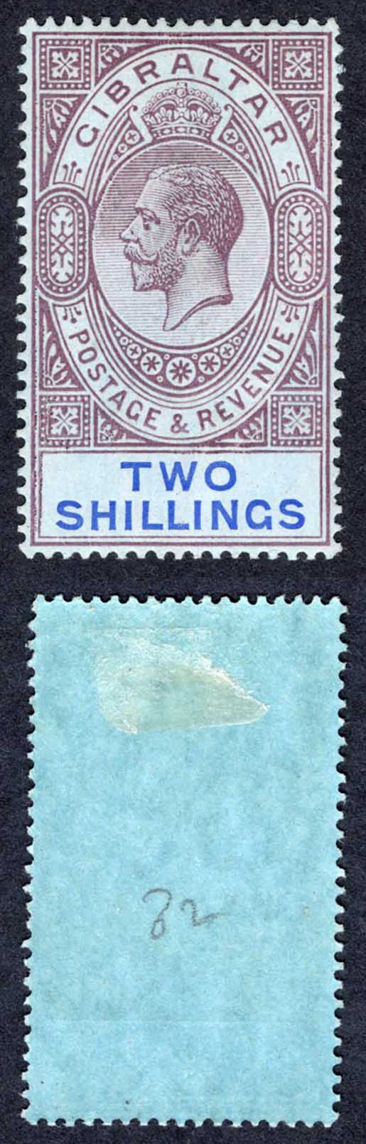 Gibraltar SG82 2/- Dull purple and blue/blue Wmk Mult CA M/M Cat 30 pounds