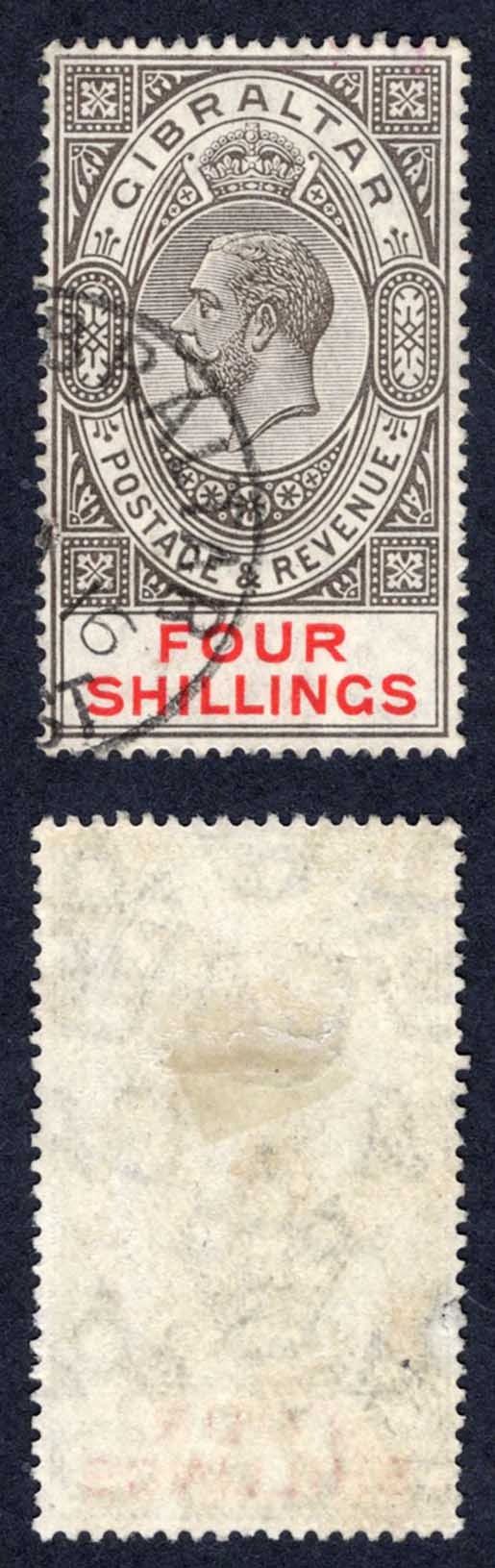 Gibraltar SG83 4/- Black and Carmine Wmk Mult CA used Cat 65 pounds