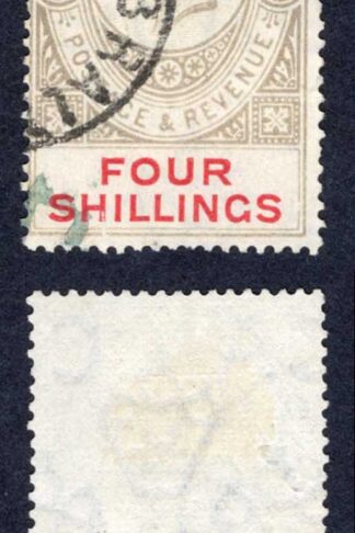 Gibraltar SG83 4/- Black and Carmine Wmk Mult CA used Faded Cat 65 pounds