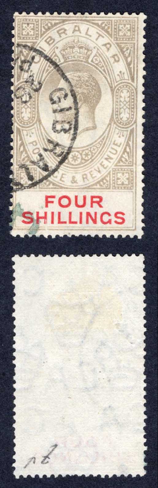Gibraltar SG83 4/- Black and Carmine Wmk Mult CA used Faded Cat 65 pounds