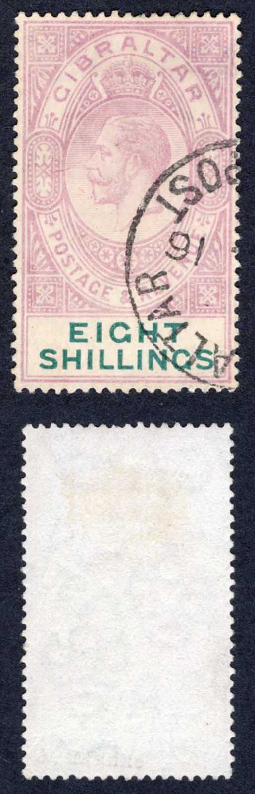 Gibraltar SG84 8/- Dull purple and green Wmk Mult CA used Faded Cat 140 pounds