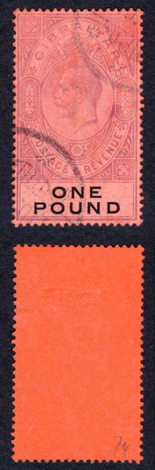 Gibraltar SG84 One Pound Wmk Mult CA used Faded Cat 300 pounds