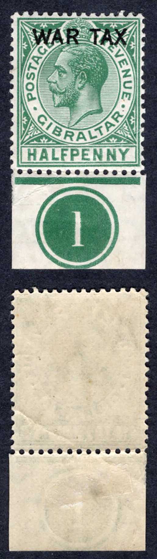 Gibraltar SG86 1/2d WAR TAX Plate Number Example M/M