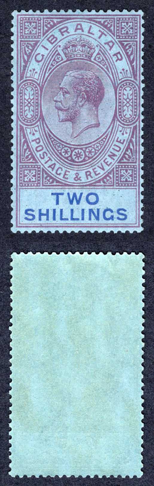 Gibraltar SG99a 2/- Reddish Purple and blue/blue Wmk Script M/M Cat 7.50 pounds
