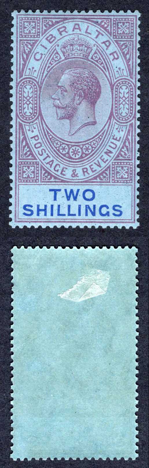 Gibraltar SG99a 2/- Reddish Purple and blue/blue Wmk Script M/M Cat 7.50 pounds