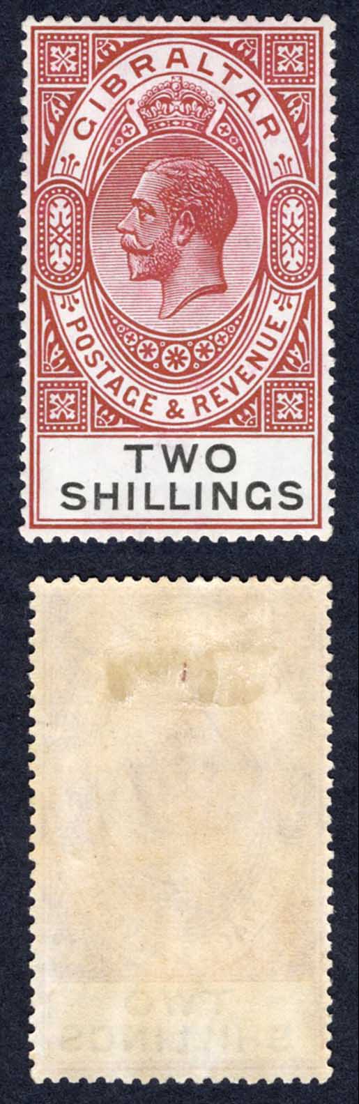 Gibraltar SG103 2/- Red-brown and Black M/M Cat 12 pounds