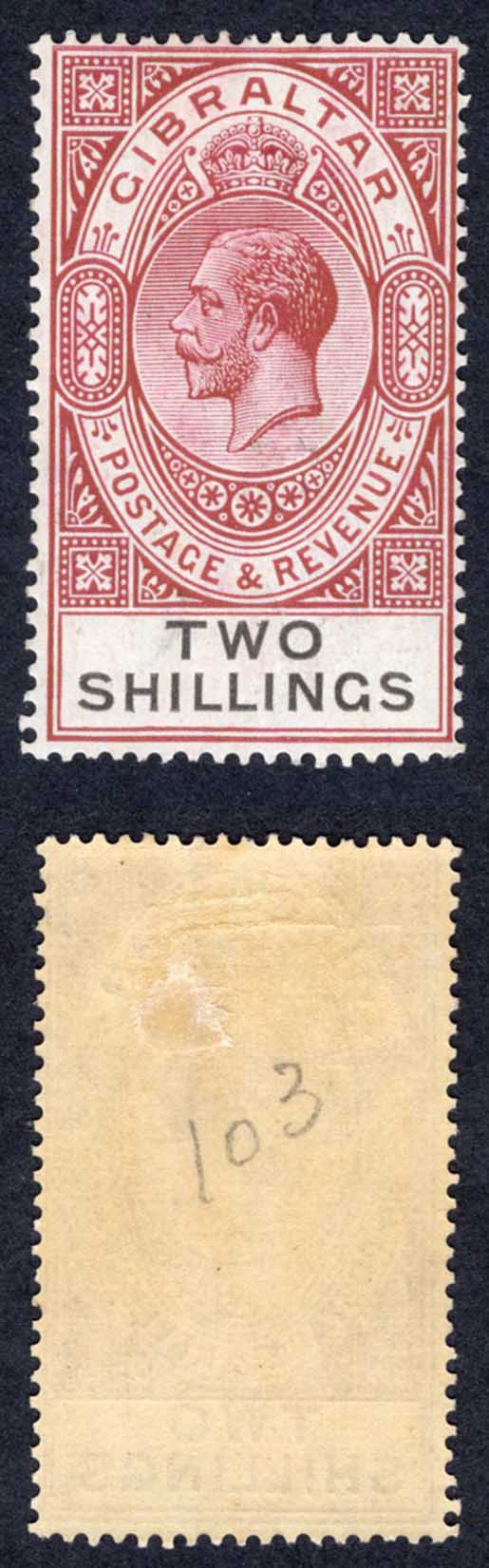 Gibraltar SG103 2/- Red-brown and Black M/M Cat 12 pounds