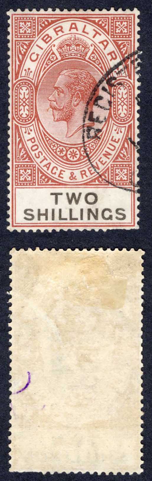 Gibraltar SG103 2/- Red-brown and Black Used Cat 40 pounds
