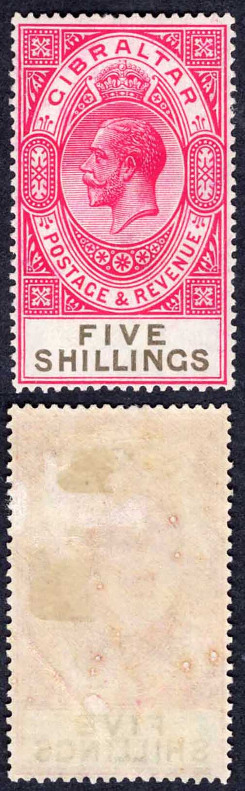 Gibraltar SG105 5/- Carmine and Black M/M (gum crease) Cat 22 pounds