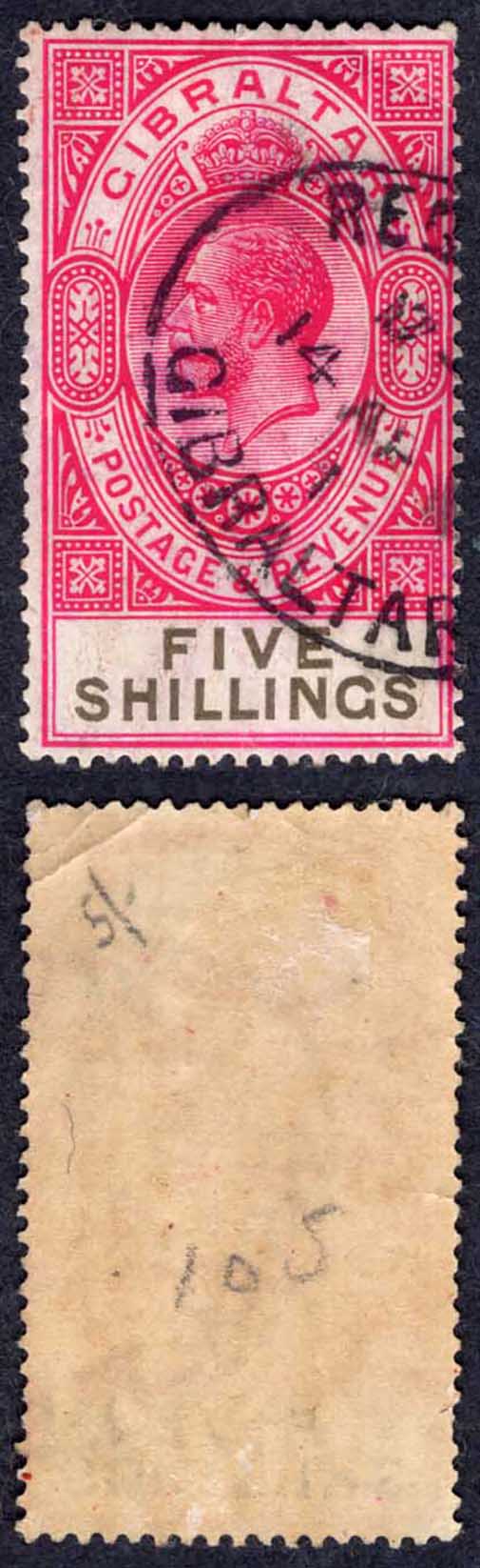 Gibraltar SG105 5/- Carmine and Black used (crease) Cat 75 pounds