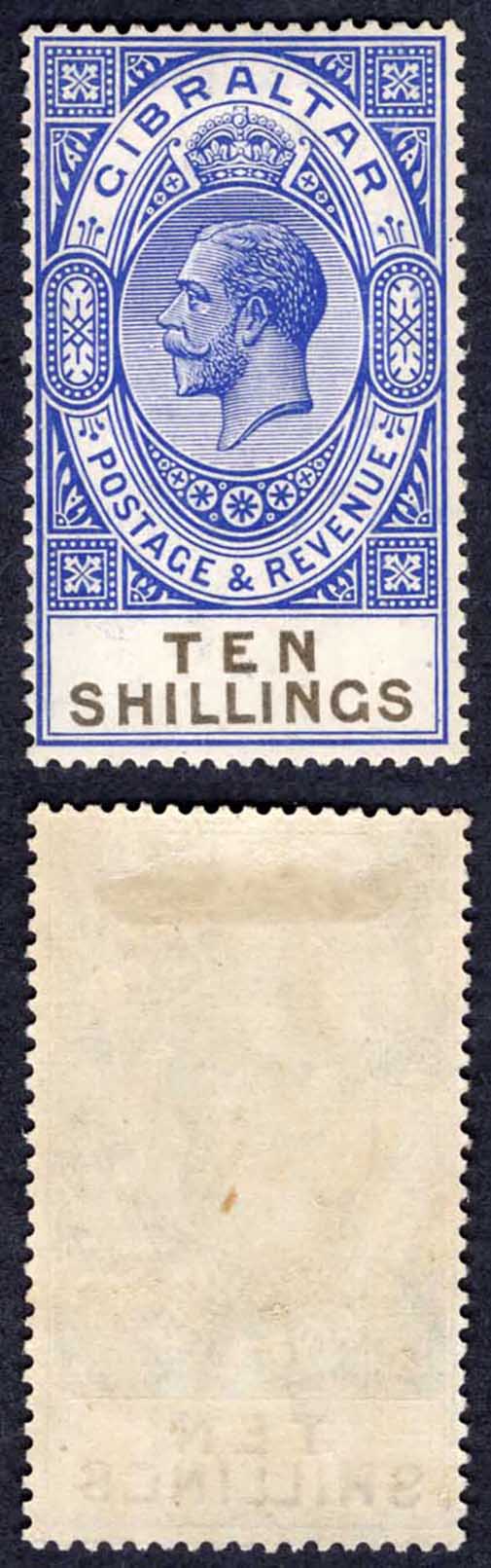 Gibraltar SG106 10/- Deep Ultramarine and black M/M Cat 32 pounds