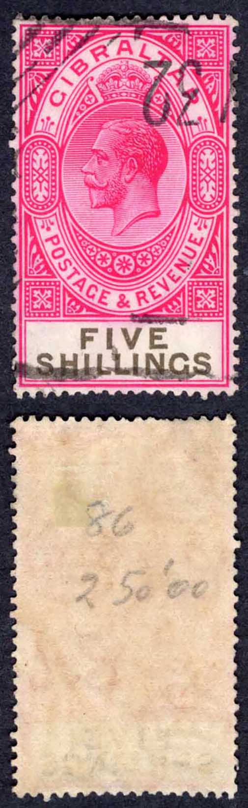 Gibraltar SG105 5/- Carmine and Black used Cat 75 pounds
