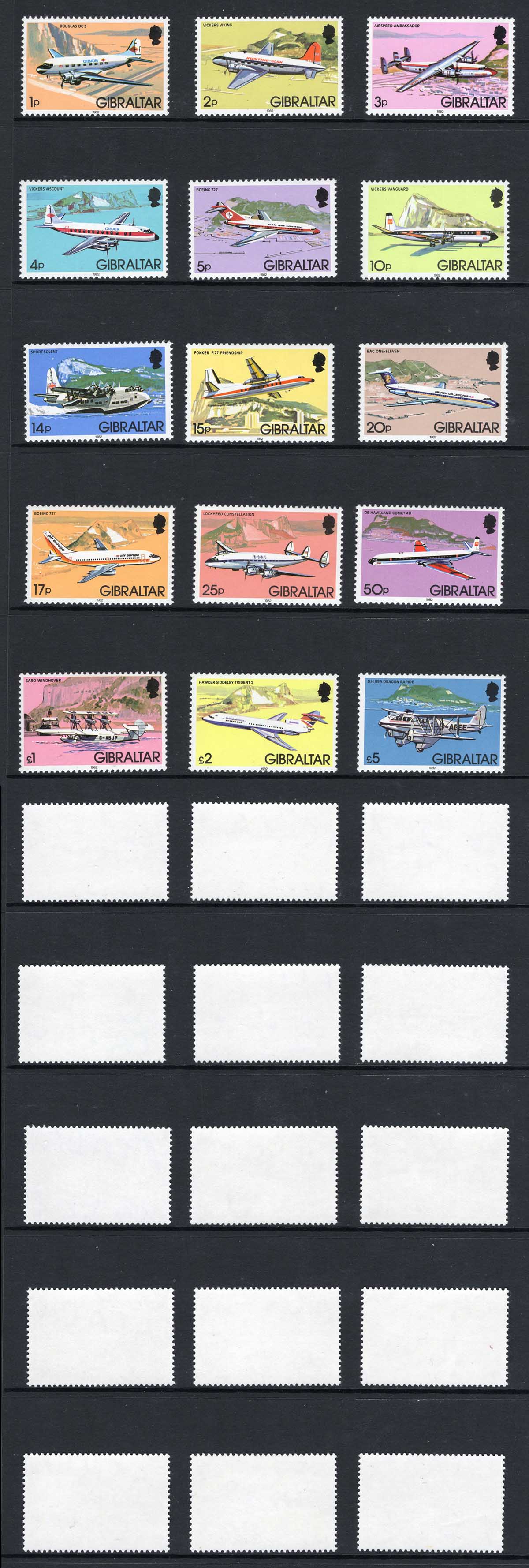 Gibraltar SG460/74 1982 Plane set of 15 M/M Cat 35 pounds