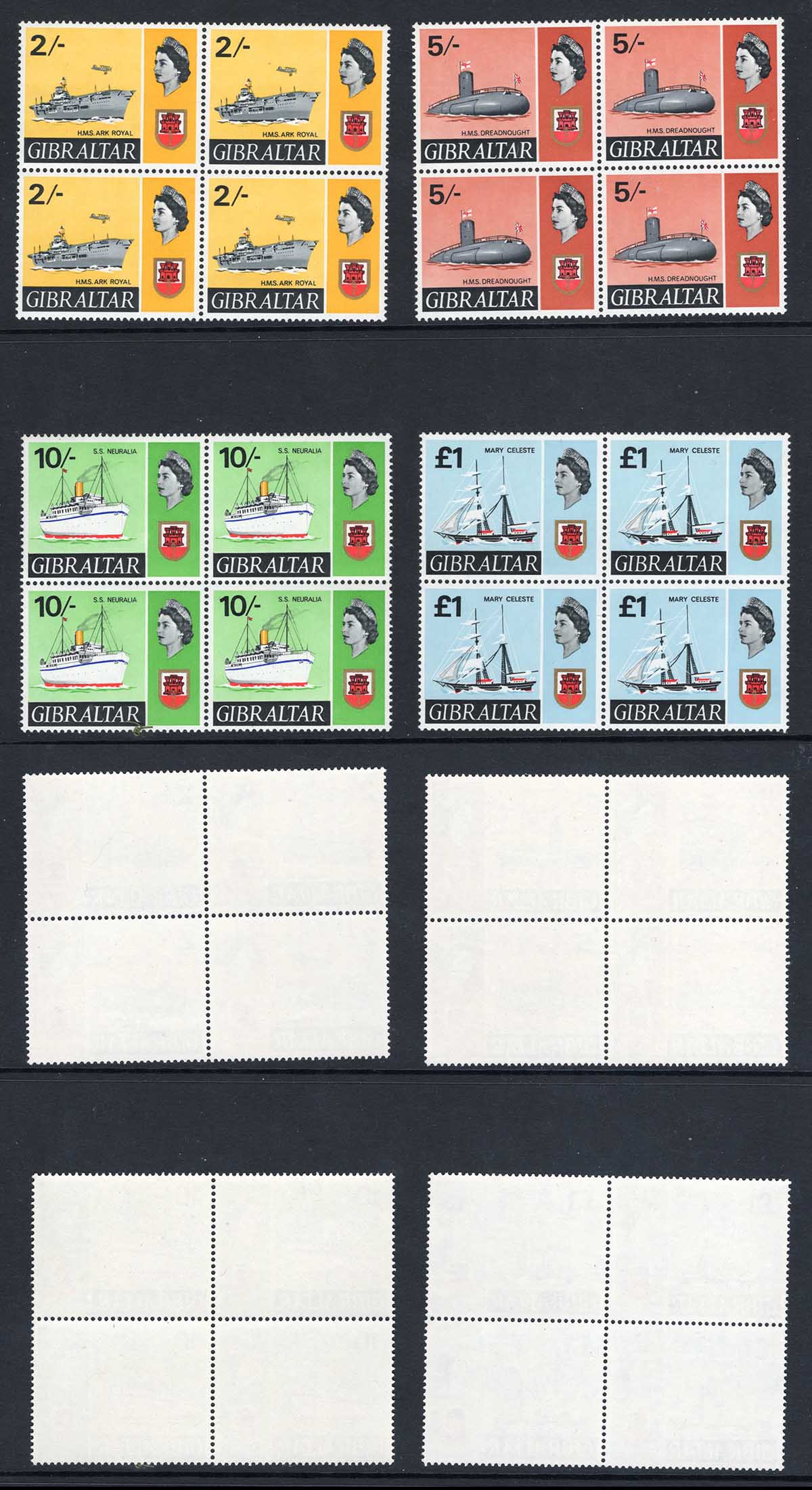 Gibraltar SG210/13 Ships High Values in Blocks U/M Cat 152 pounds