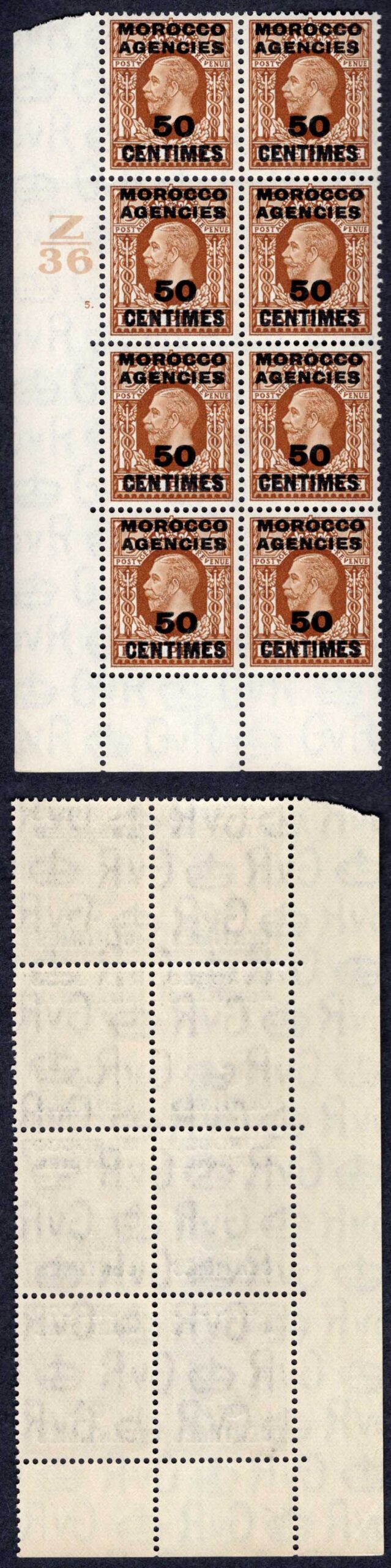 Morocco Agencies SG221 50c on 5d Photo Cylinder Z36 5 dot Block U/M