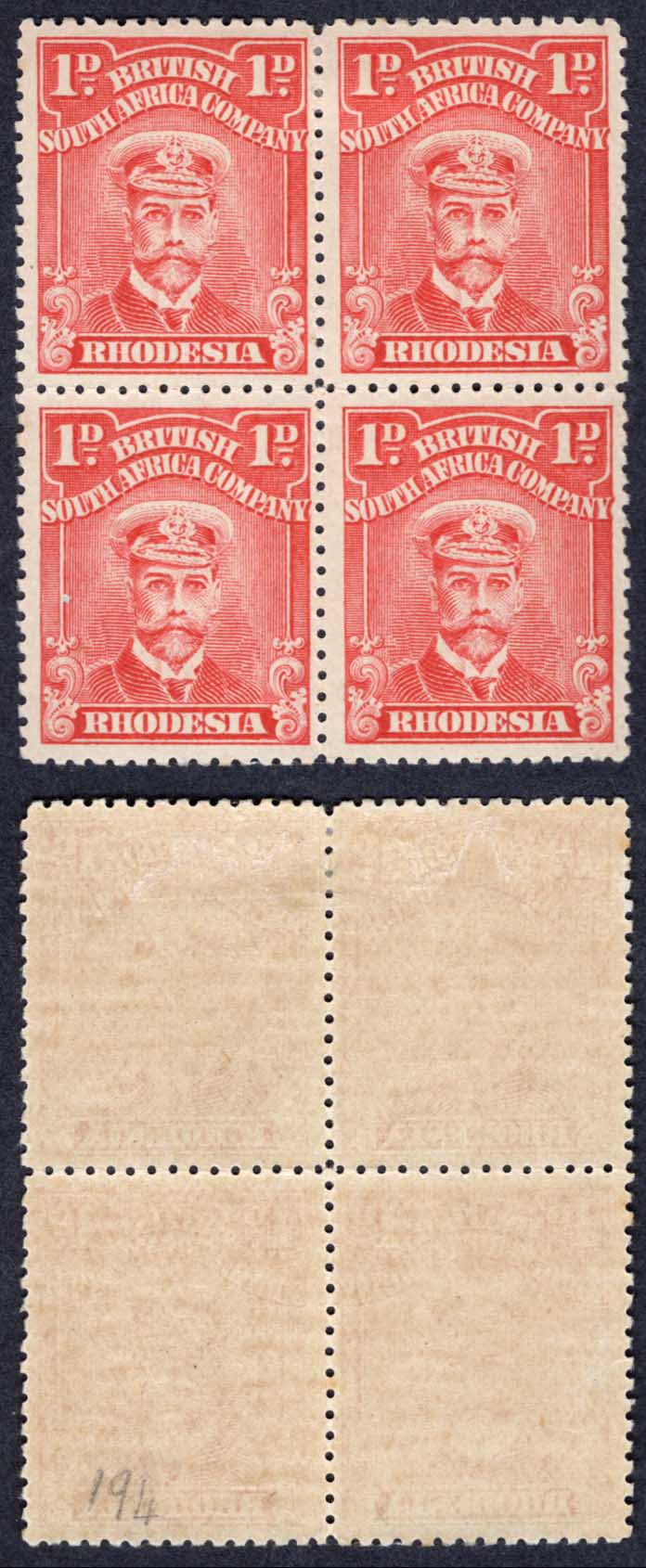 Rhodesia SG194 1d Scarlet Block of Four M/M Cat 100 pounds