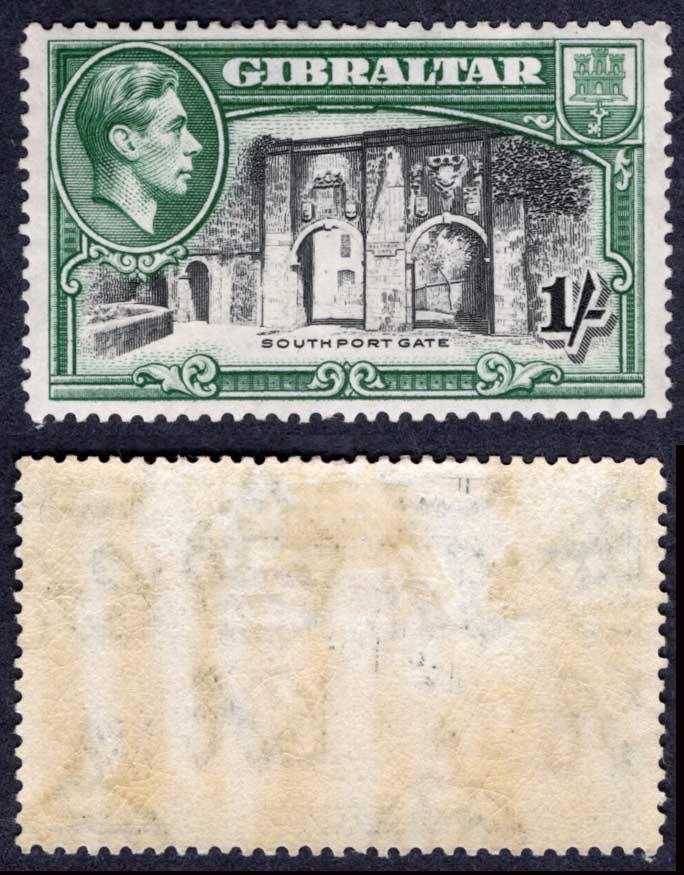 Gibraltar SG127 1/- Perf 14 M/M Cat 45 pounds