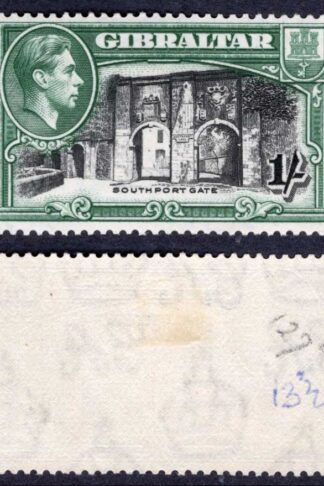 Gibraltar SG127a 1/- Perf 13.5 M/M (13.5 on back in pen) Cat 75 pounds