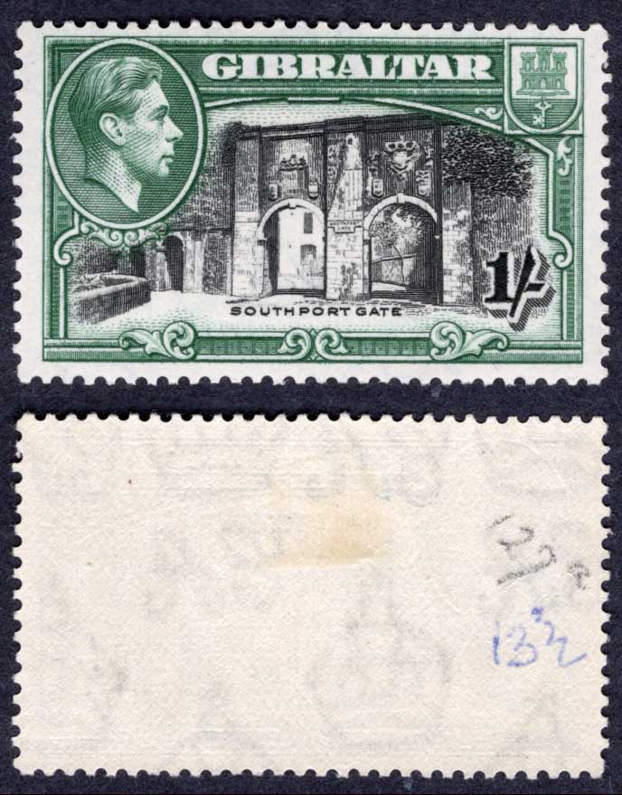 Gibraltar SG127a 1/- Perf 13.5 M/M (13.5 on back in pen) Cat 75 pounds