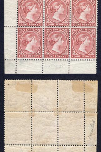 Falkland Is SG7 1d Pale Claret Wmk CA Sideways Mint BLOCK of SIX VERY SCARCE