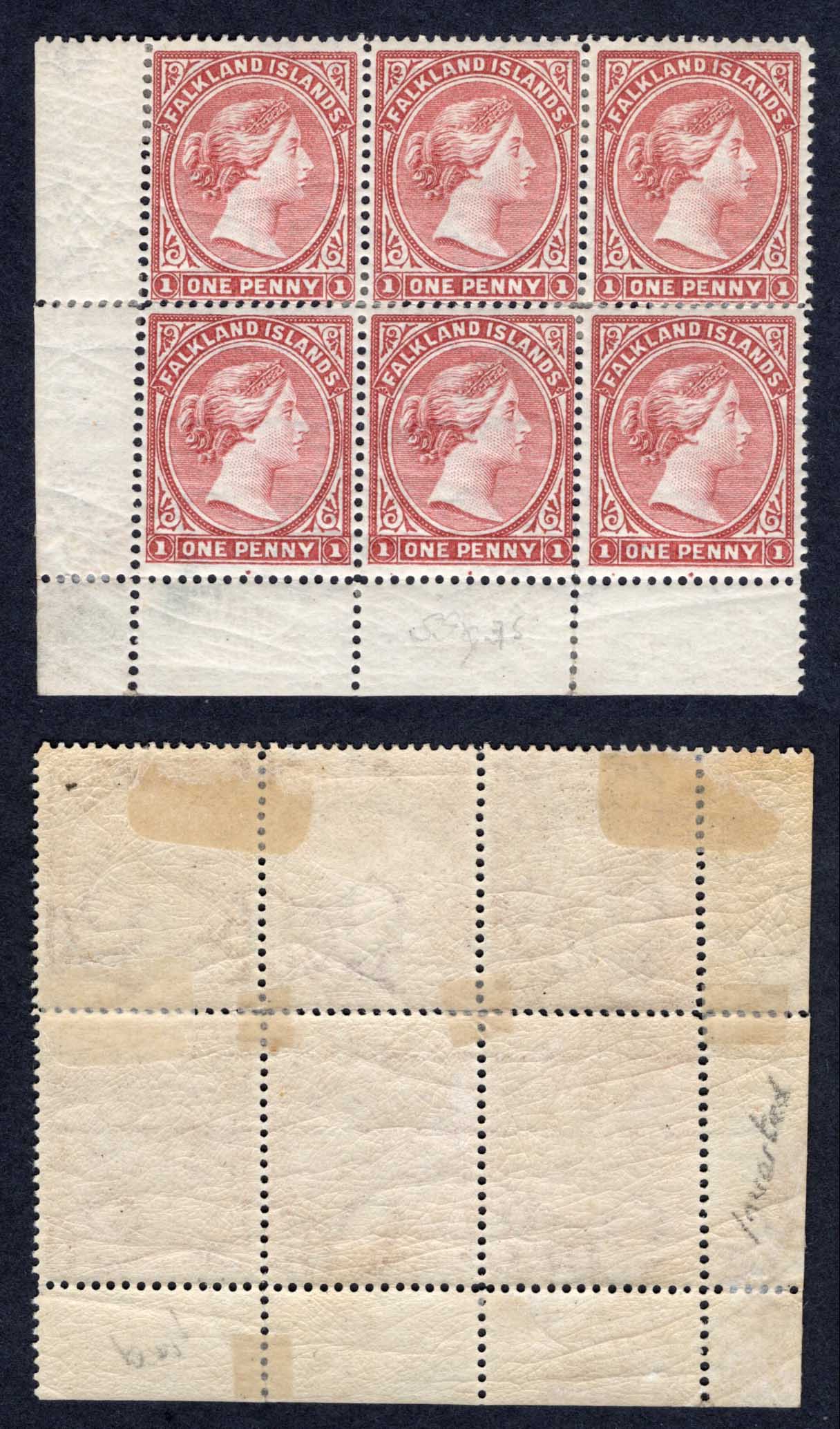 Falkland Is SG7 1d Pale Claret Wmk CA Sideways Mint BLOCK of SIX VERY SCARCE