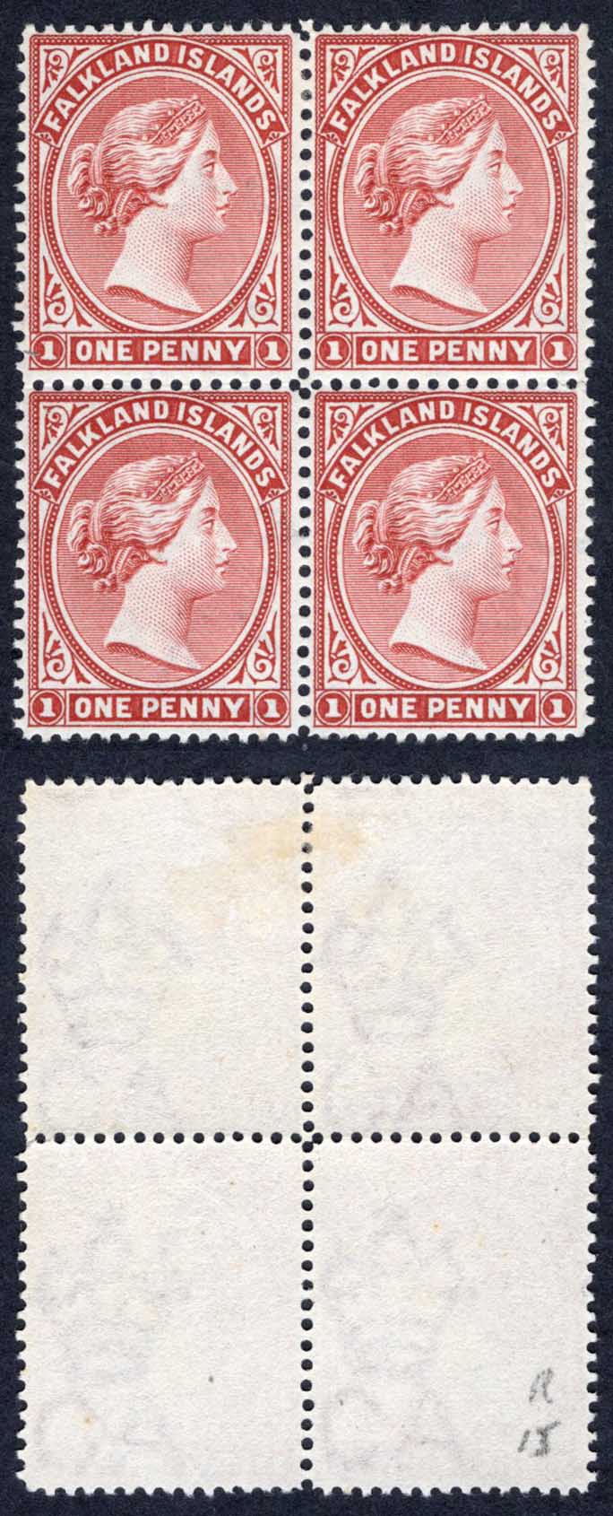 Falkland Is SG21x 1d Claret Wmk CA Reversed Mint (2 x U/M) Cat 360+++ pounds