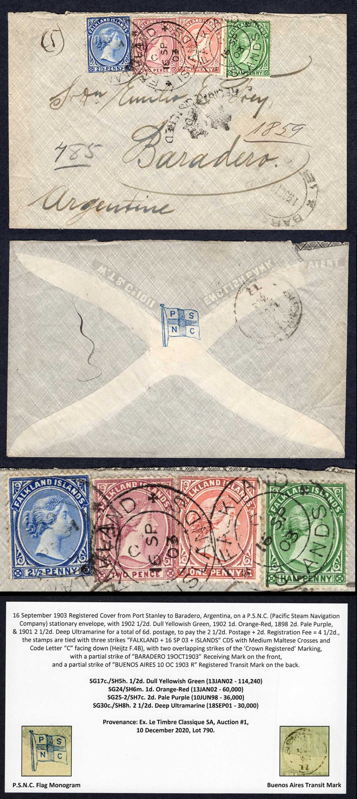 Falkland Is SG17c SG24 SG25 SG30c on Cover to Baradero Argentinia