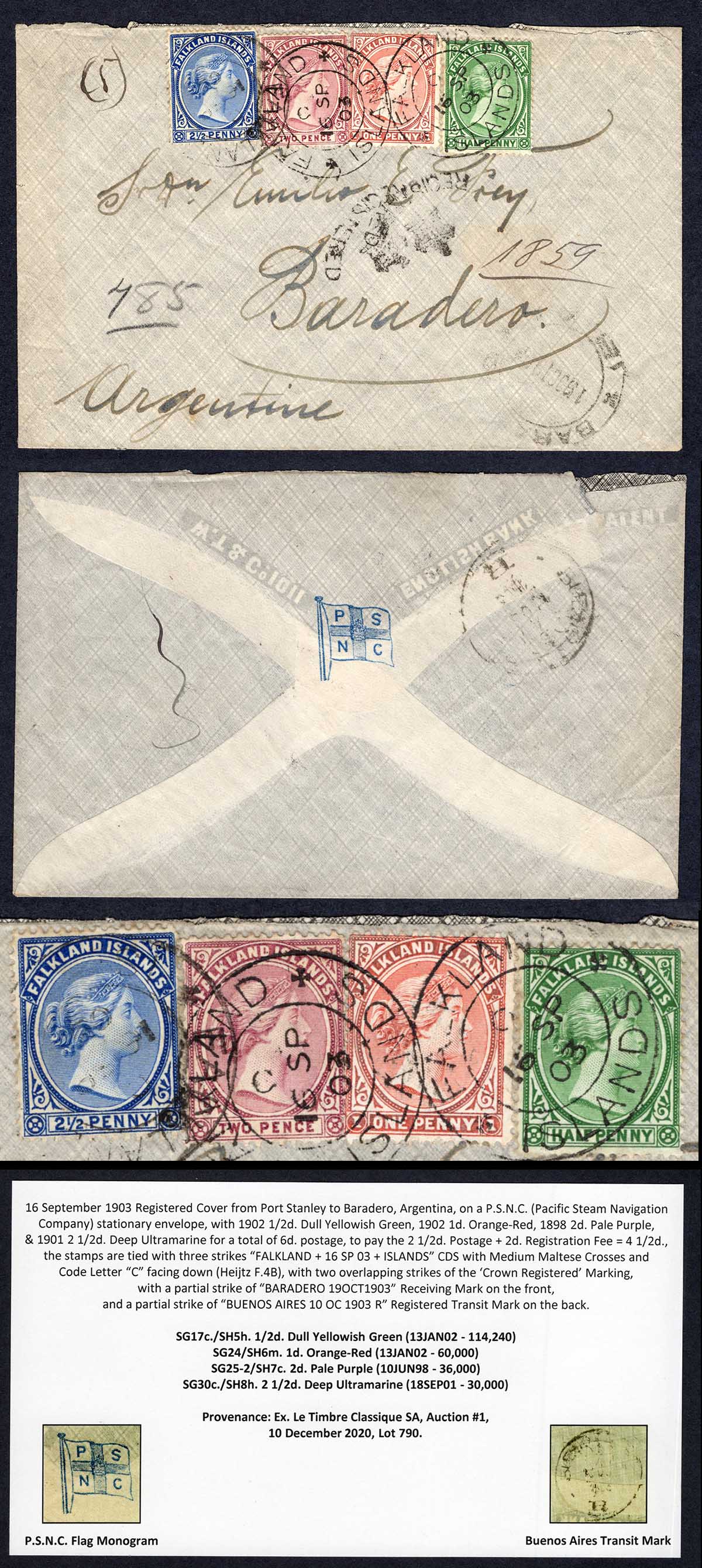 Falkland Is SG17c SG24 SG25 SG30c on Cover to Baradero Argentinia