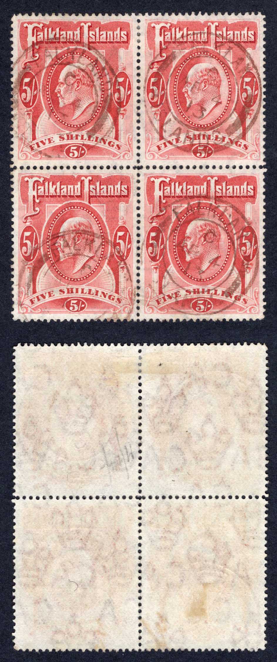 Falkland Is SG50 KEVII 5/- Red BLOCK of 4 with Brown Pmks Cat 720+++ pounds