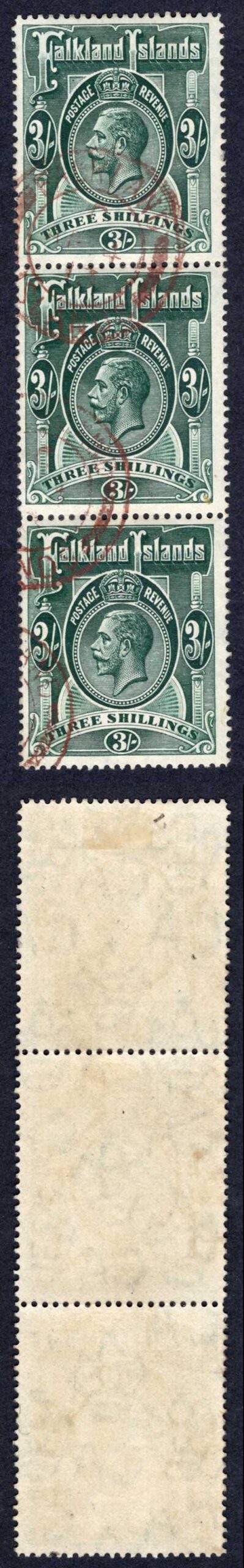 Falkland Is SG66 3/- Wmk Mult CA Vertical STRIP BROWN Cancels (Heijtz F5v1)