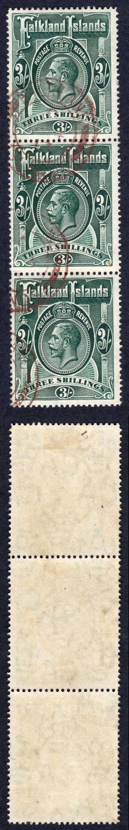 Falkland Is SG66 3/- Wmk Mult CA Vertical STRIP BROWN Cancels (Heijtz F5v1)